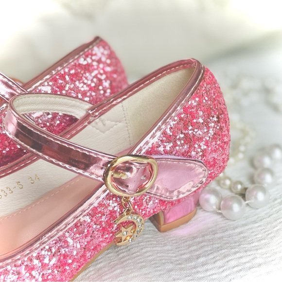HANKAYOU | 34 / 5 | Girls’ Pink Glitter Low Heel Mary Jane Sparkle Shoe - Picture 10 of 13